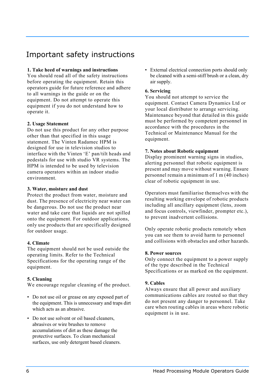 Important safety instructions | Vinten Radamec Quattro SE HPM User Manual | Page 8 / 23