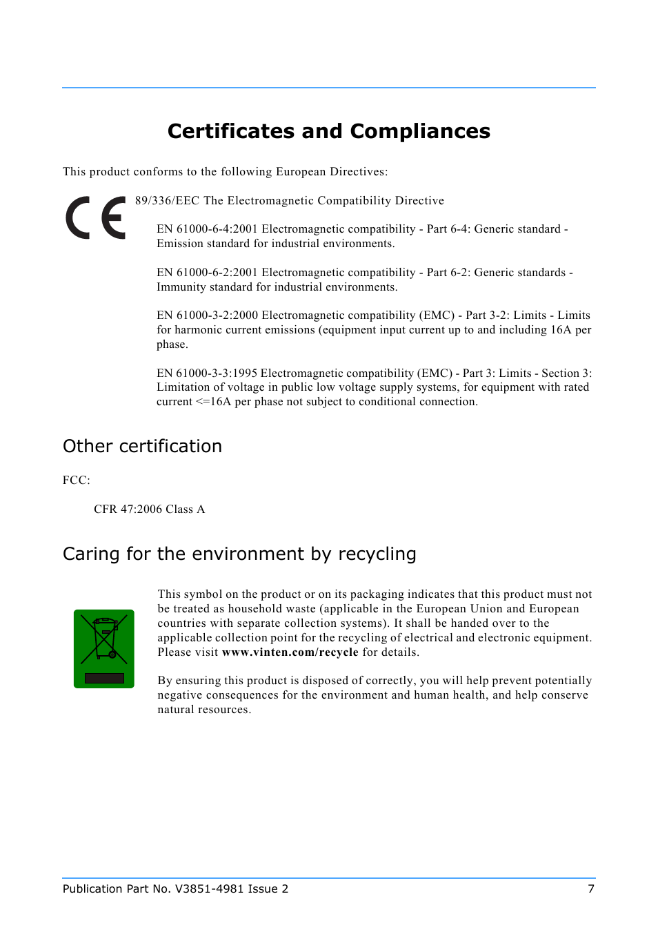 Certificates and compliances, Other certification, Caring for the environment by recycling | Vinten Radamec Quattro SE HPM User Manual | Page 9 / 23