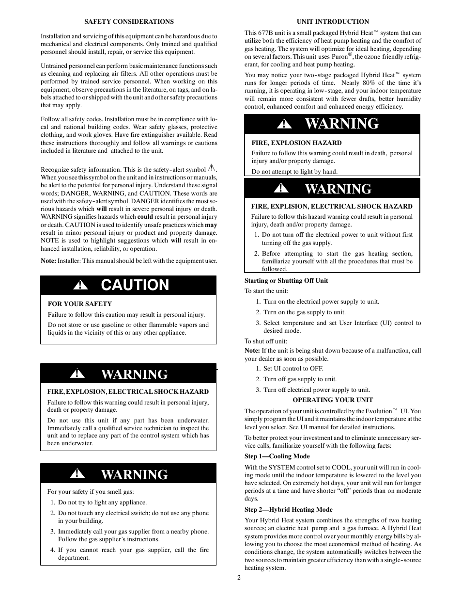 Caution, Warning | Bryant EVOLUTIONT14 677B User Manual | Page 2 / 4