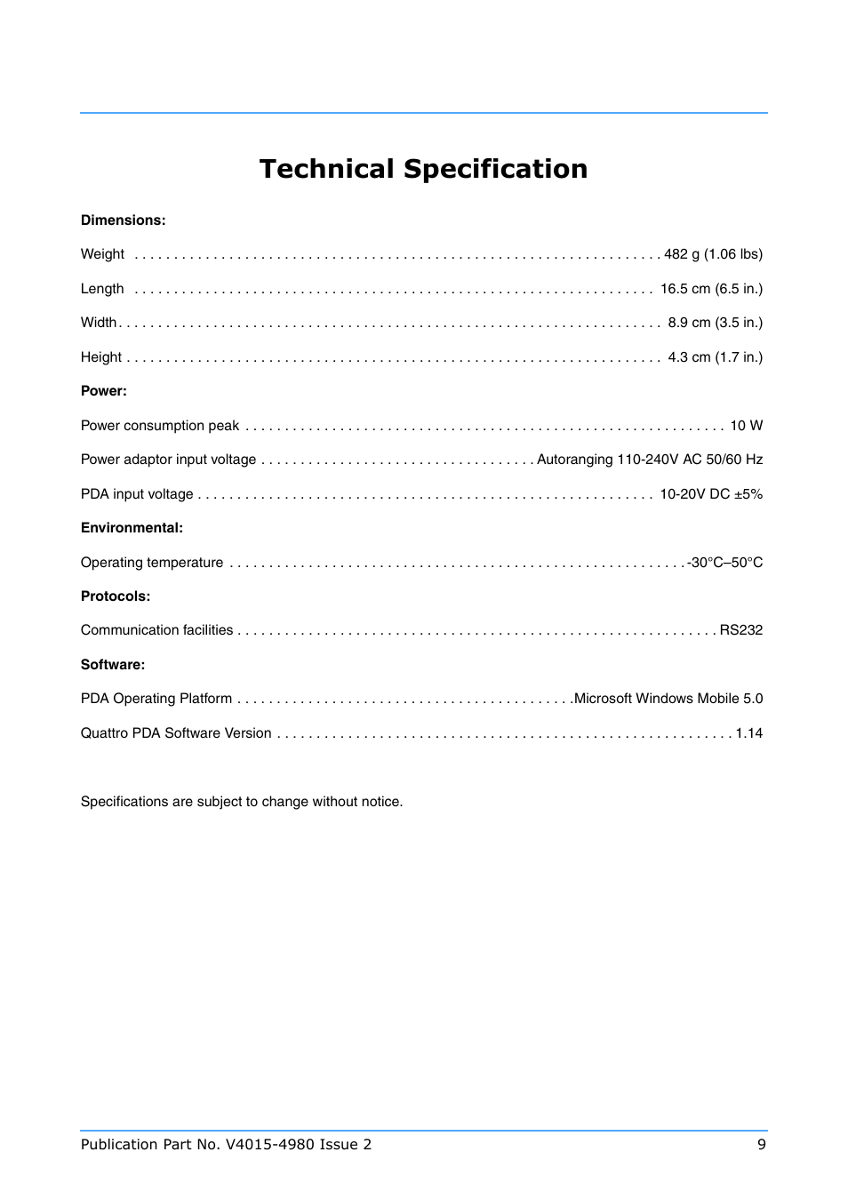Technical specification | Vinten Radamec Quattro SE PDA User Manual | Page 11 / 36