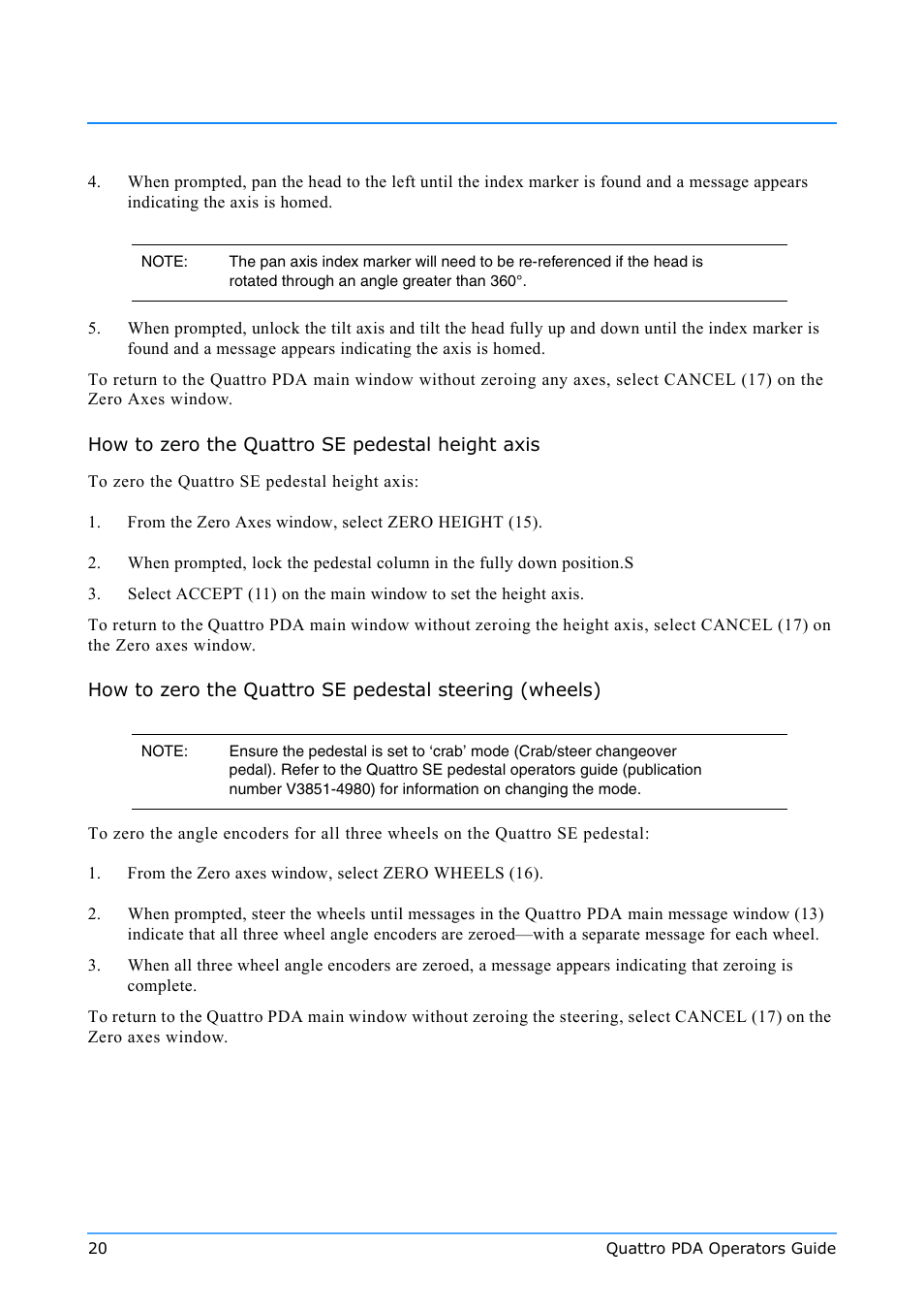 How to zero the quattro se pedestal height axis | Vinten Radamec Quattro SE PDA User Manual | Page 22 / 36