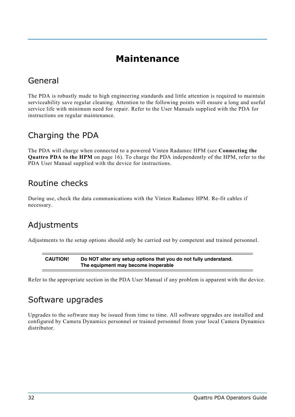 Maintenance, General, Charging the pda | Routine checks, Adjustments, Software upgrades | Vinten Radamec Quattro SE PDA User Manual | Page 34 / 36