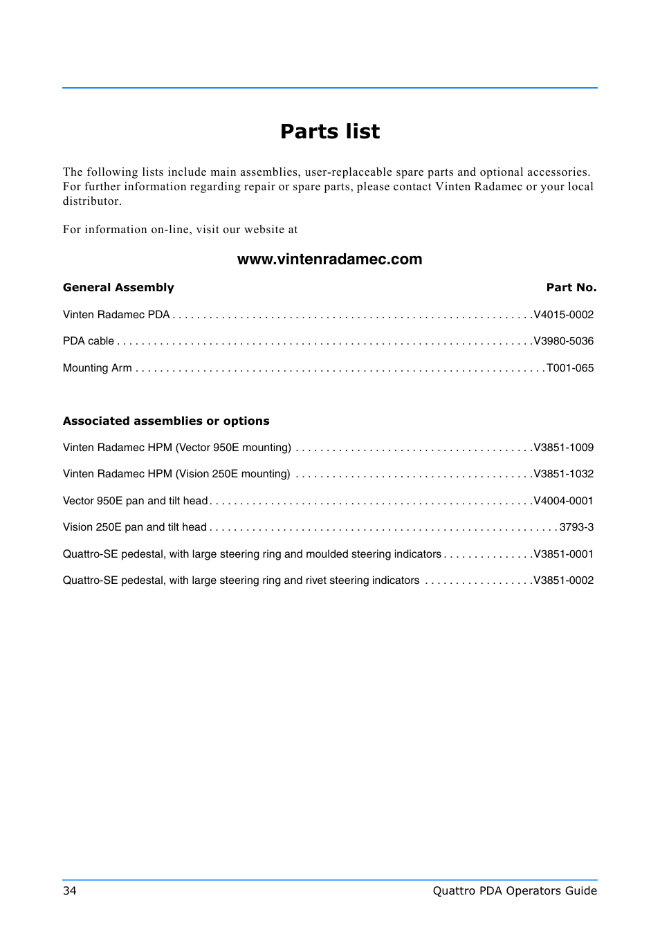 Parts list | Vinten Radamec Quattro SE PDA User Manual | Page 36 / 36