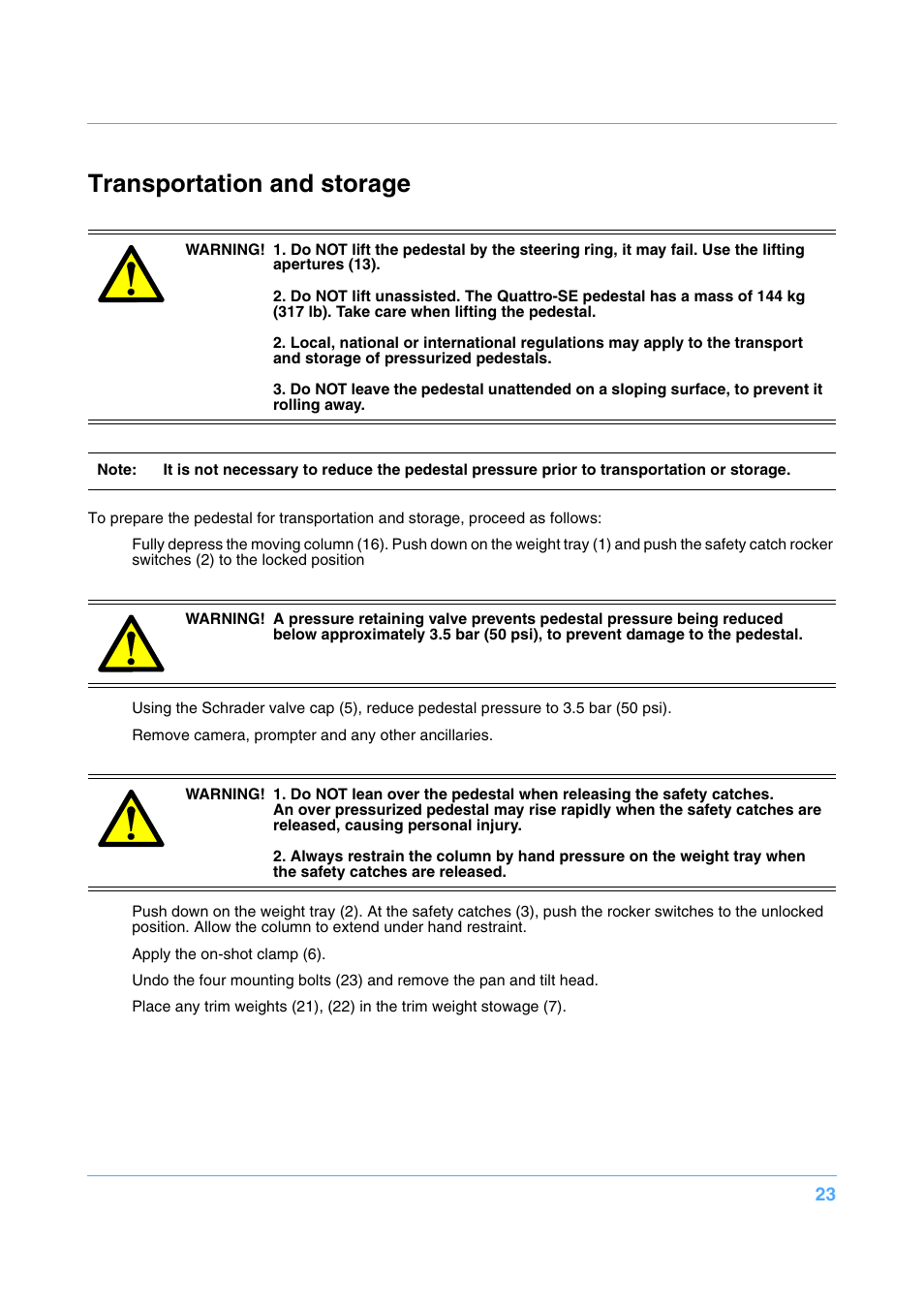 Transportation and storage | Vinten Radamec Quattro SE Pedestal User Manual | Page 25 / 30