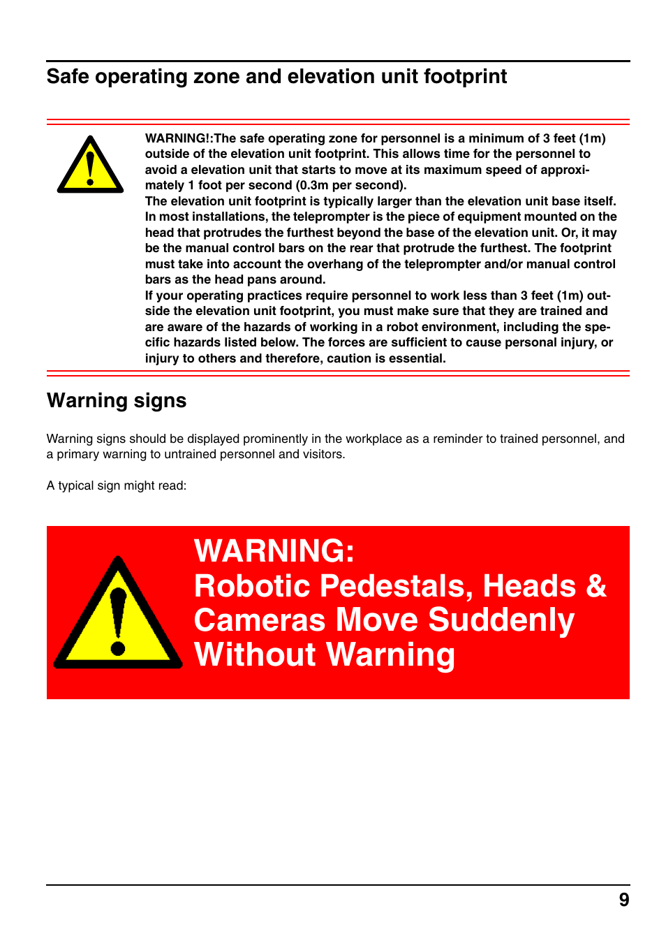 Move suddenly without warning, Warning: robotic pedestals, heads & cameras | Vinten Radamec SE-500 Elevation Unit User Manual | Page 10 / 33