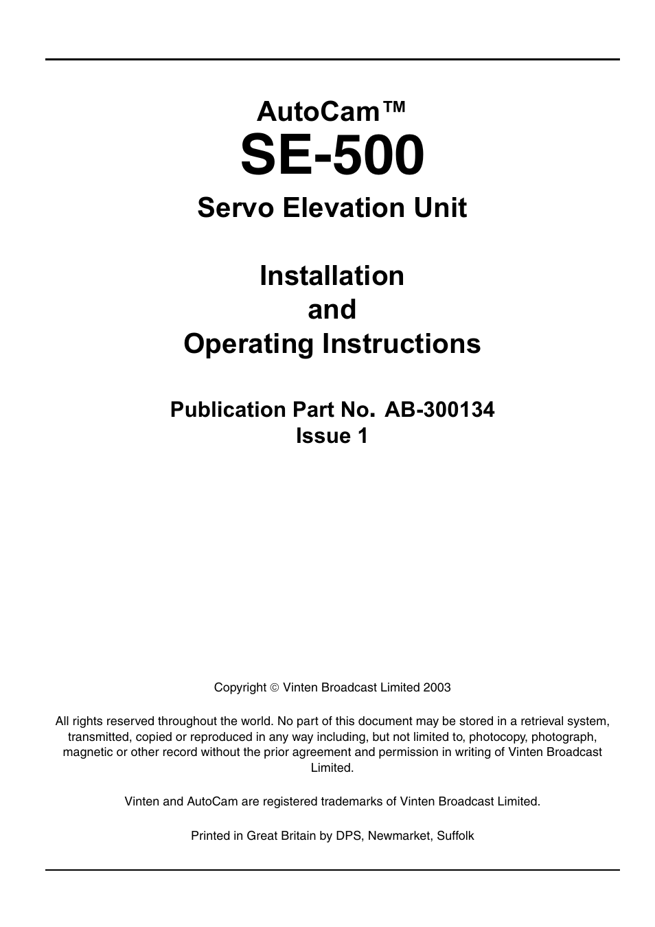 Se-500, Autocam | Vinten Radamec SE-500 Elevation Unit User Manual | Page 2 / 33