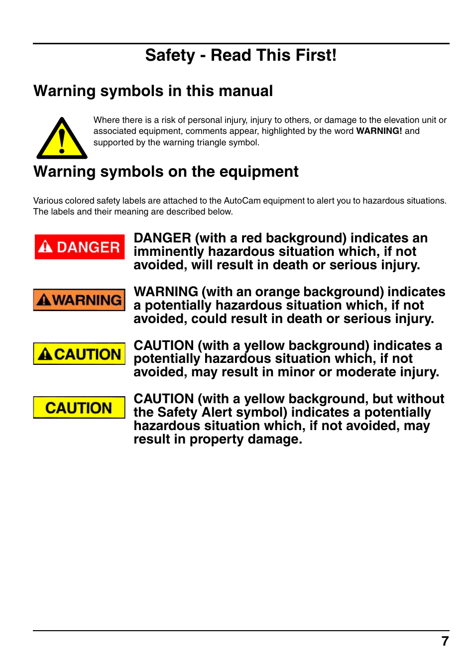 Safety - read this first, Warning symbols in this manual, Warning symbols on the equipment | Vinten Radamec SE-500 Elevation Unit User Manual | Page 8 / 33