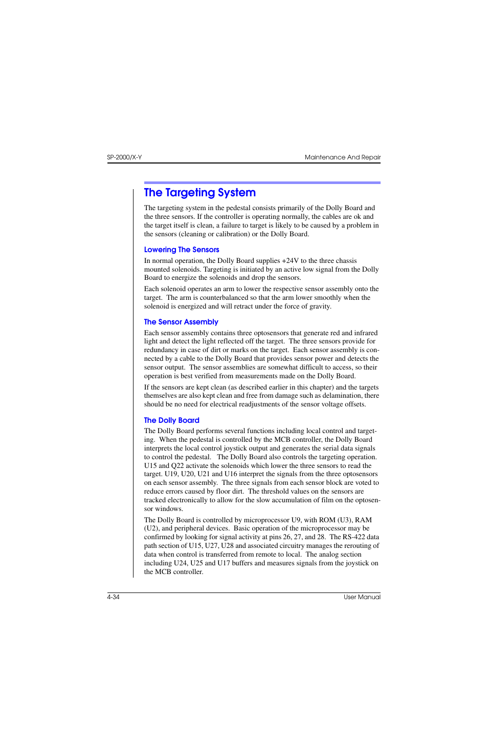 The targeting system, Lowering the sensors, The sensor assembly | The dolly board, The targeting system –34 | Vinten Radamec SP-2000 Pedestal User Manual | Page 100 / 106