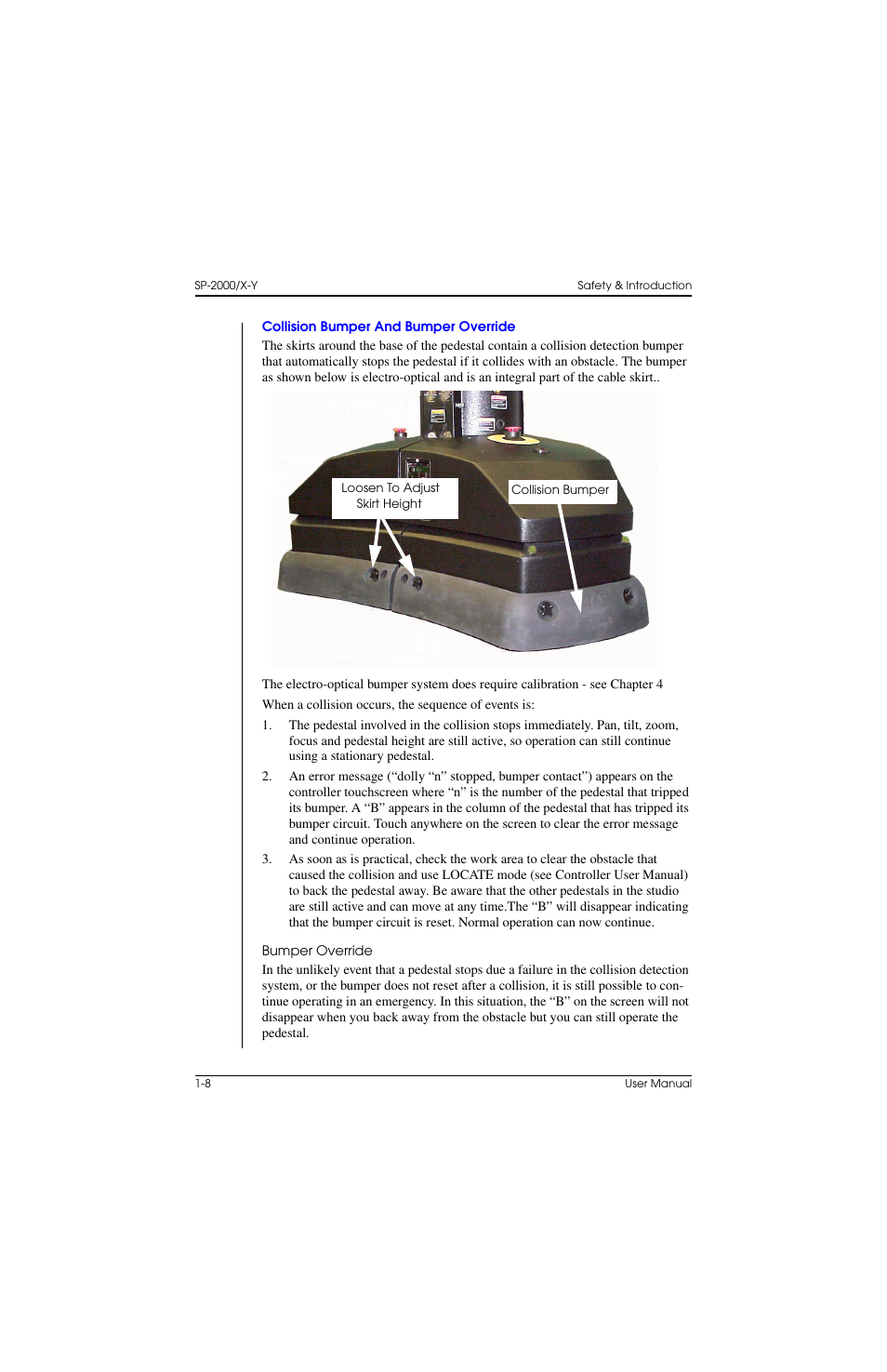 Collision bumper and bumper override, Bumper override, Collision bumper and bumper override –8 | Vinten Radamec SP-2000 Pedestal User Manual | Page 18 / 106