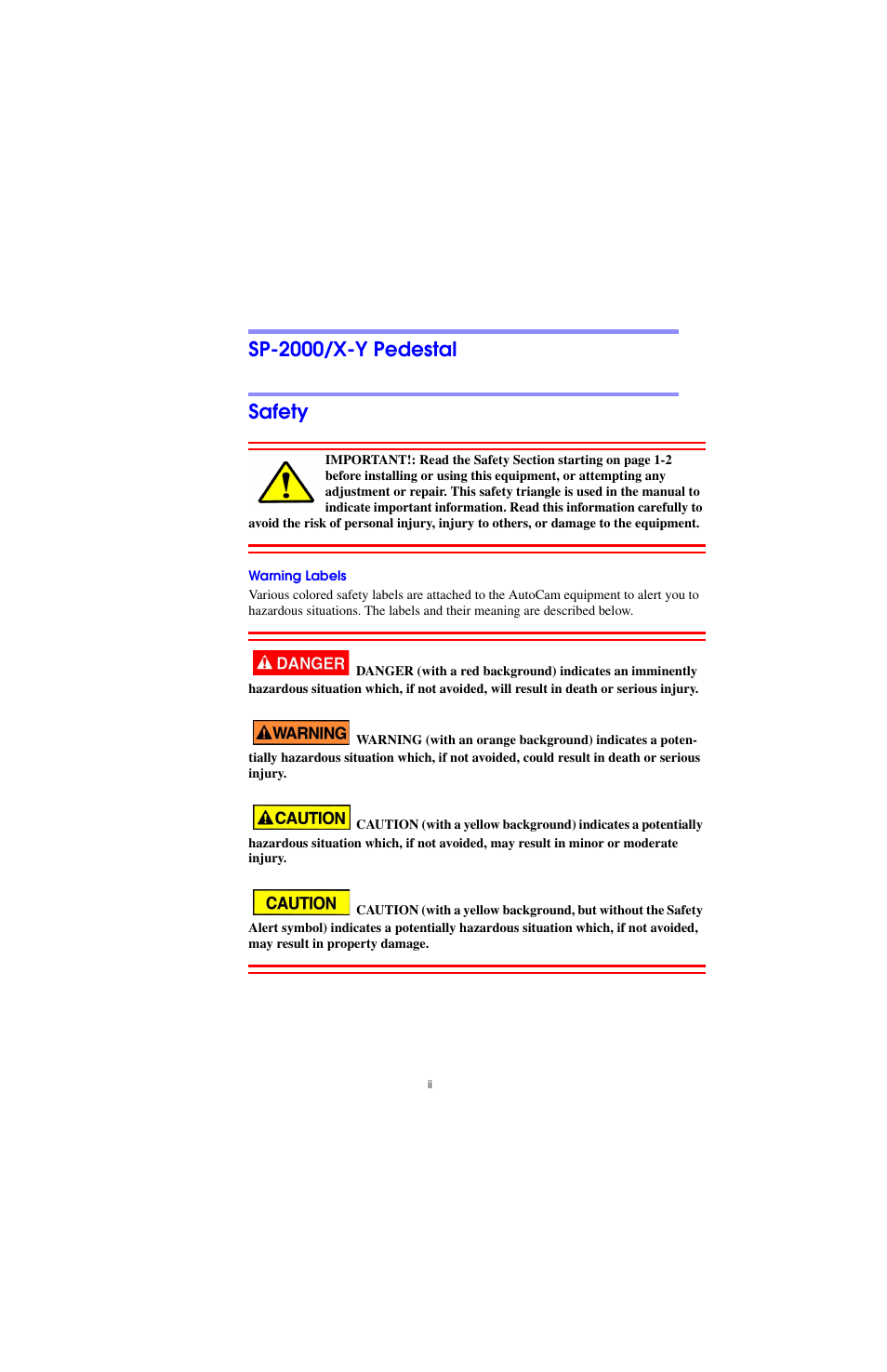 Sp-2000/x-y pedestal, Safety, Warning labels | Sp-2000/x-y pedestal safety | Vinten Radamec SP-2000 Pedestal User Manual | Page 2 / 106
