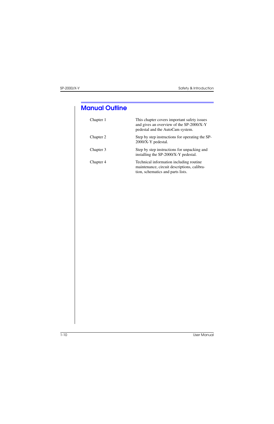 Manual outline, Manual outline –10 | Vinten Radamec SP-2000 Pedestal User Manual | Page 20 / 106