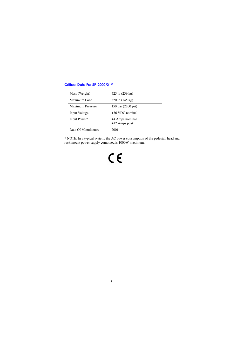 Critical data for sp-2000/x-y | Vinten Radamec SP-2000 Pedestal User Manual | Page 3 / 106