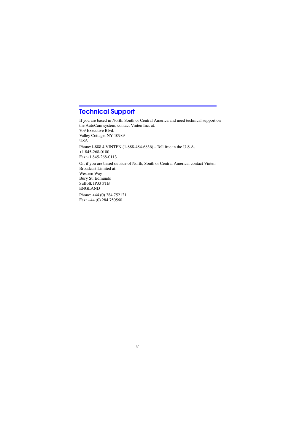 Technical support | Vinten Radamec SP-2000 Pedestal User Manual | Page 4 / 106