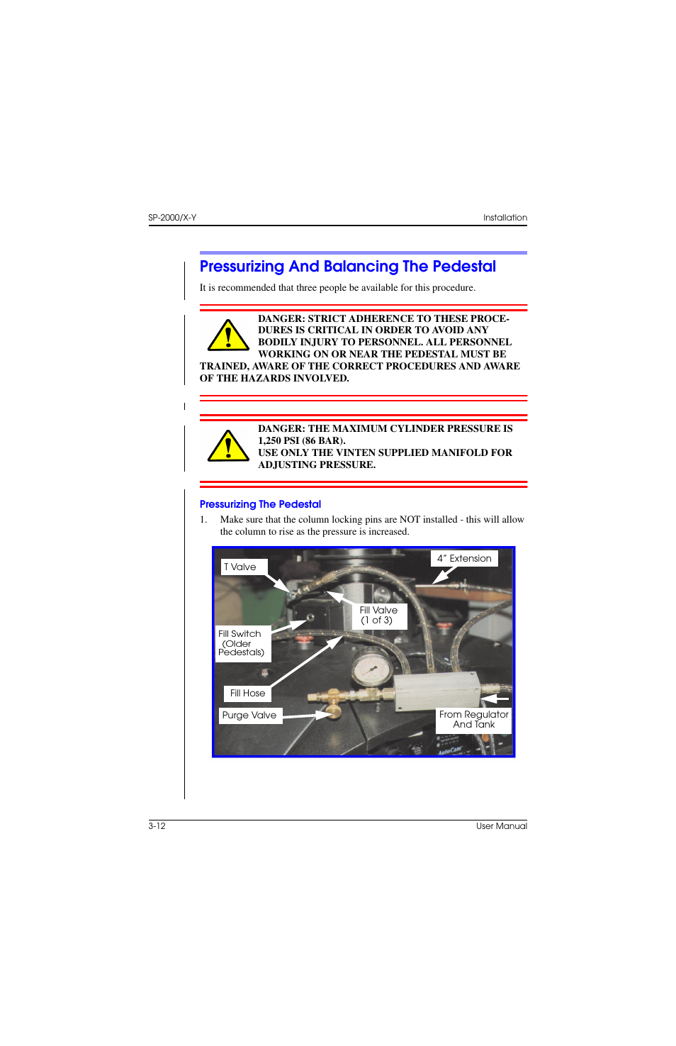 Pressurizing and balancing the pedestal, Pressurizing the pedestal, Pressurizing and balancing the pedestal –12 | Pressurizing the pedestal –12 | Vinten Radamec SP-2000 Pedestal User Manual | Page 52 / 106