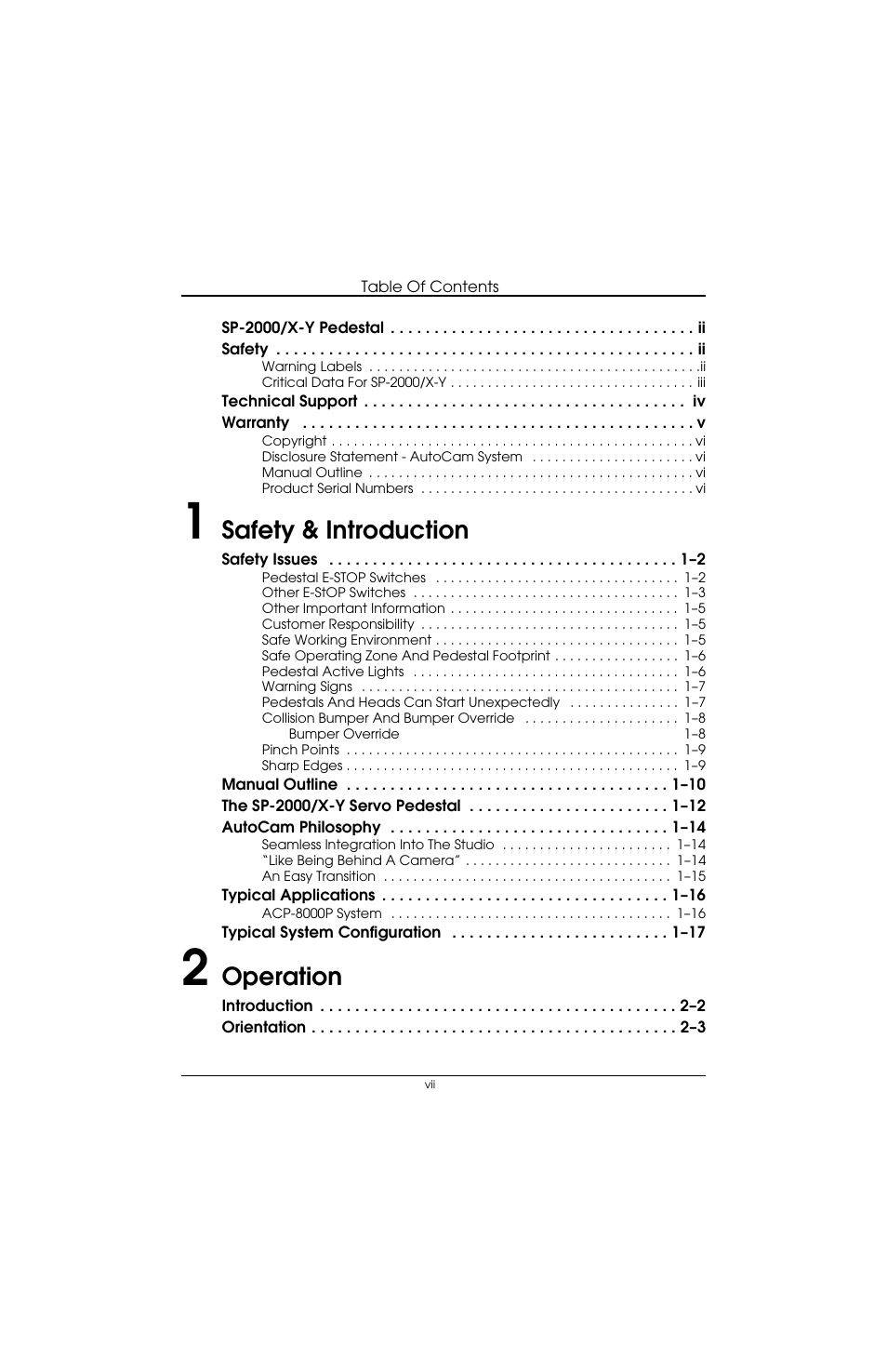 Safety & introduction, Operation | Vinten Radamec SP-2000 Pedestal User Manual | Page 7 / 106