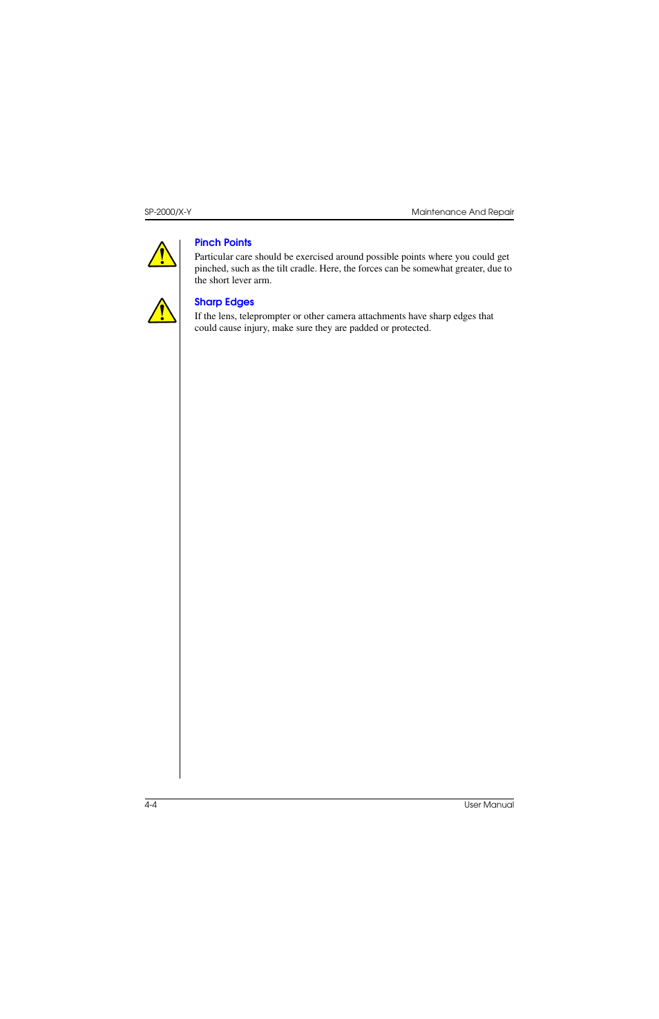 Pinch points, Sharp edges, Pinch points –4 sharp edges –4 | Vinten Radamec SP-2000 Pedestal User Manual | Page 70 / 106