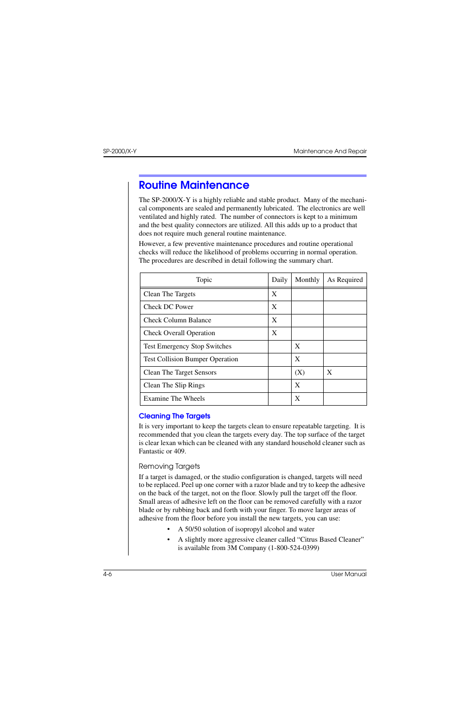 Routine maintenance, Cleaning the targets, Removing targets | Routine maintenance –6, Cleaning the targets –6 | Vinten Radamec SP-2000 Pedestal User Manual | Page 72 / 106