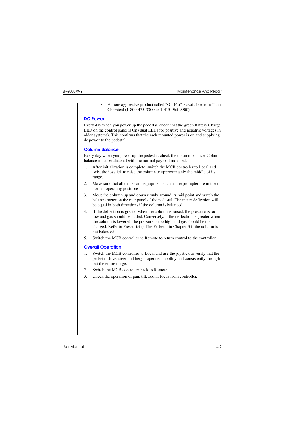 Dc power, Column balance, Overall operation | Dc power –7 column balance –7 overall operation –7 | Vinten Radamec SP-2000 Pedestal User Manual | Page 73 / 106