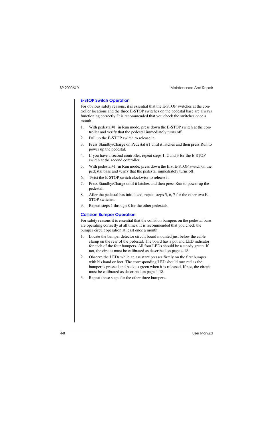 E-stop switch operation, Collision bumper operation | Vinten Radamec SP-2000 Pedestal User Manual | Page 74 / 106