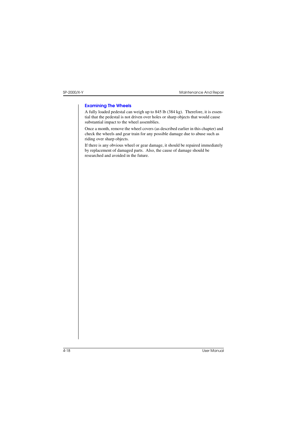 Examining the wheels, Examining the wheels –18 | Vinten Radamec SP-2000 Pedestal User Manual | Page 84 / 106