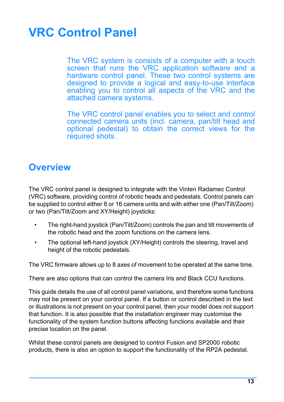 Vrc control panel, Overview | Vinten Radamec Control (VRC) User Manual | Page 14 / 100