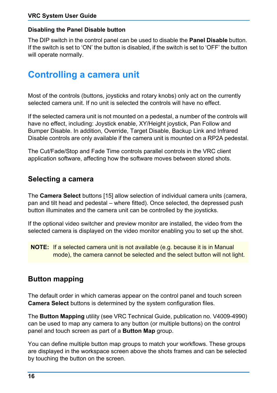 Controlling a camera unit, Selecting a camera button mapping | Vinten Radamec Control (VRC) User Manual | Page 17 / 100
