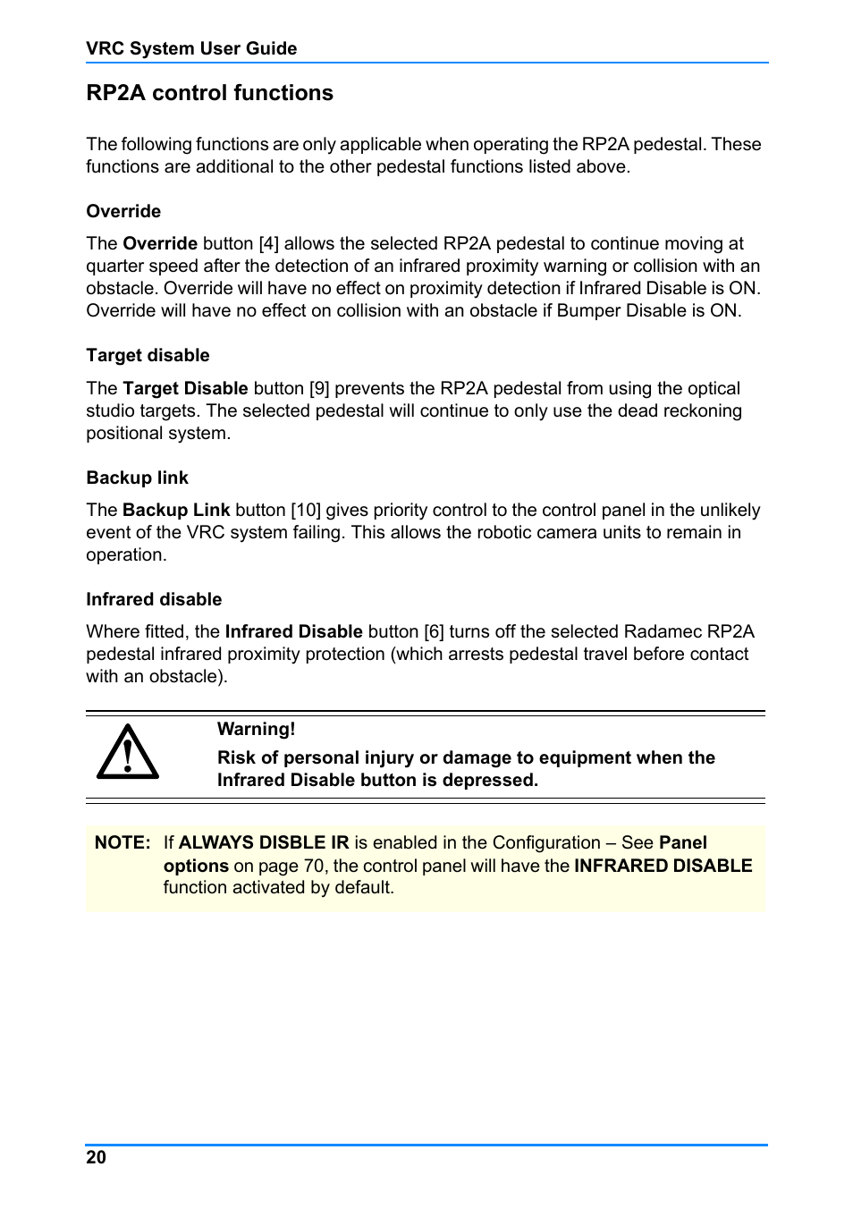 Rp2a control functions | Vinten Radamec Control (VRC) User Manual | Page 21 / 100