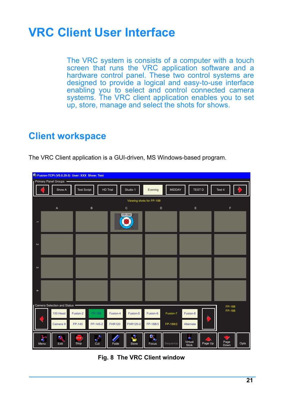 Vrc client user interface, Client workspace | Vinten Radamec Control (VRC) User Manual | Page 22 / 100