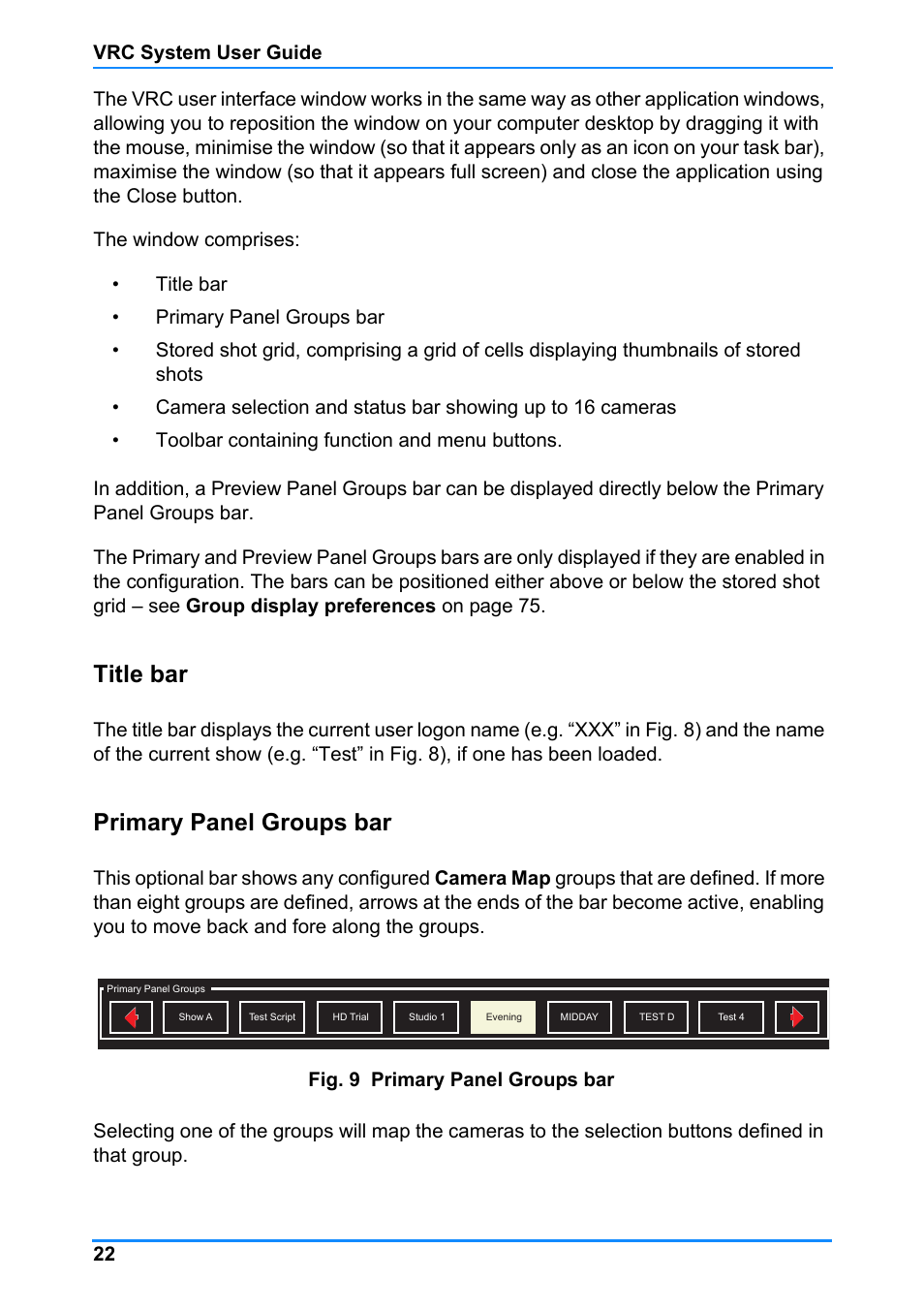 Title bar primary panel groups bar, Title bar, Primary panel groups bar | Vinten Radamec Control (VRC) User Manual | Page 23 / 100