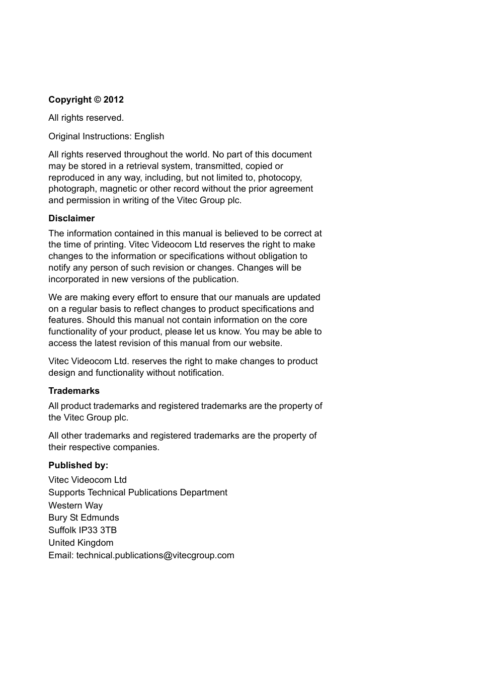 Copyright & disclaimer | Vinten Radamec Control (VRC) User Manual | Page 3 / 100