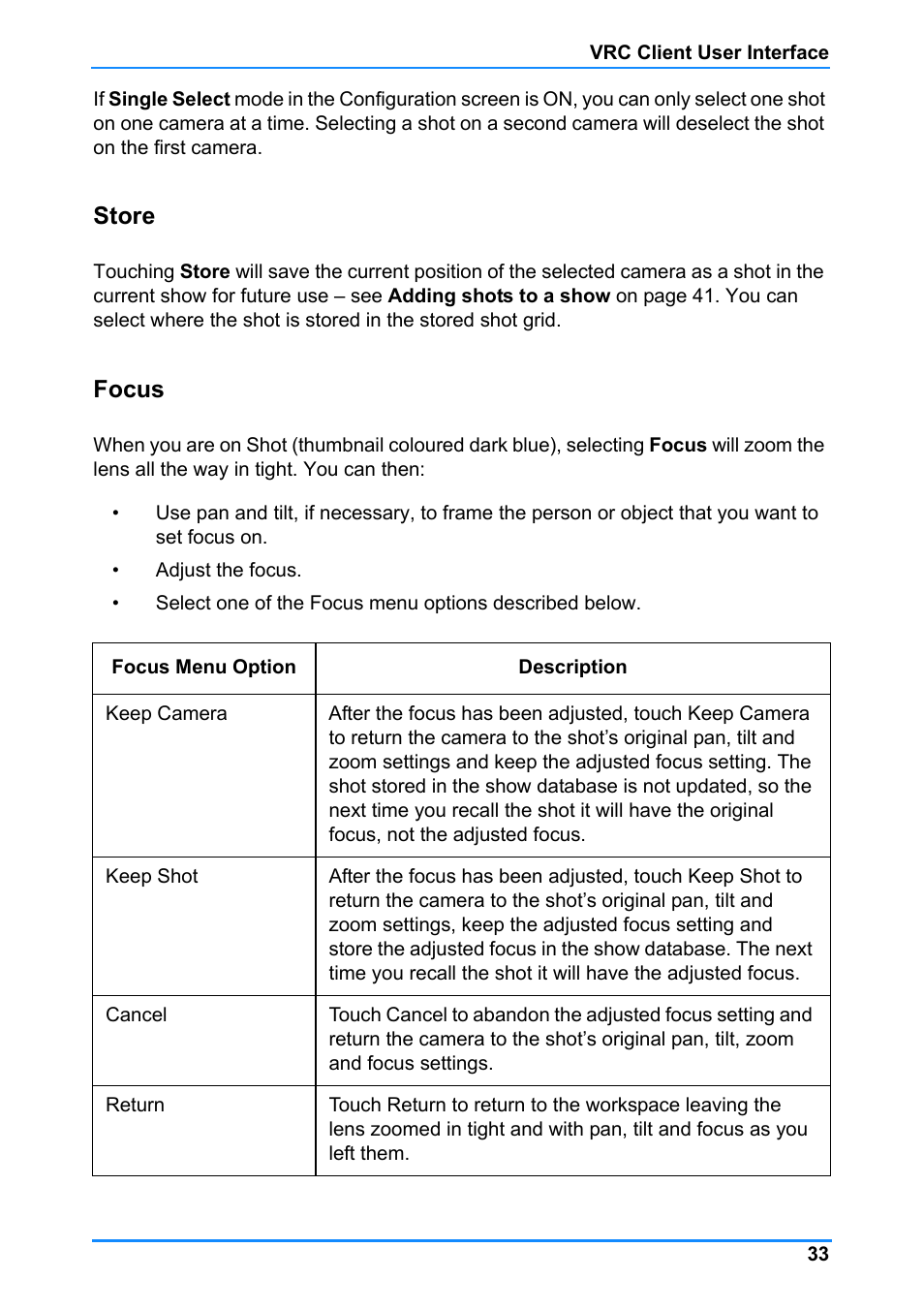 Store focus, Store, Focus | Vinten Radamec Control (VRC) User Manual | Page 34 / 100