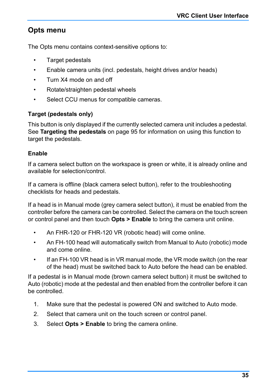 Opts menu | Vinten Radamec Control (VRC) User Manual | Page 36 / 100