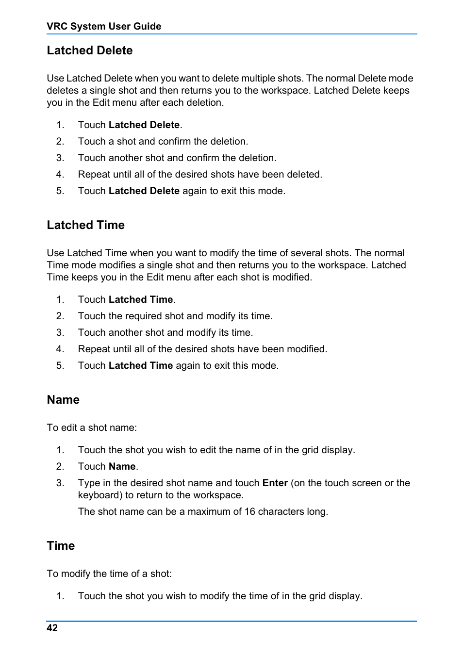 Latched delete latched time name time, Latched delete, Latched time | Name, Time | Vinten Radamec Control (VRC) User Manual | Page 43 / 100