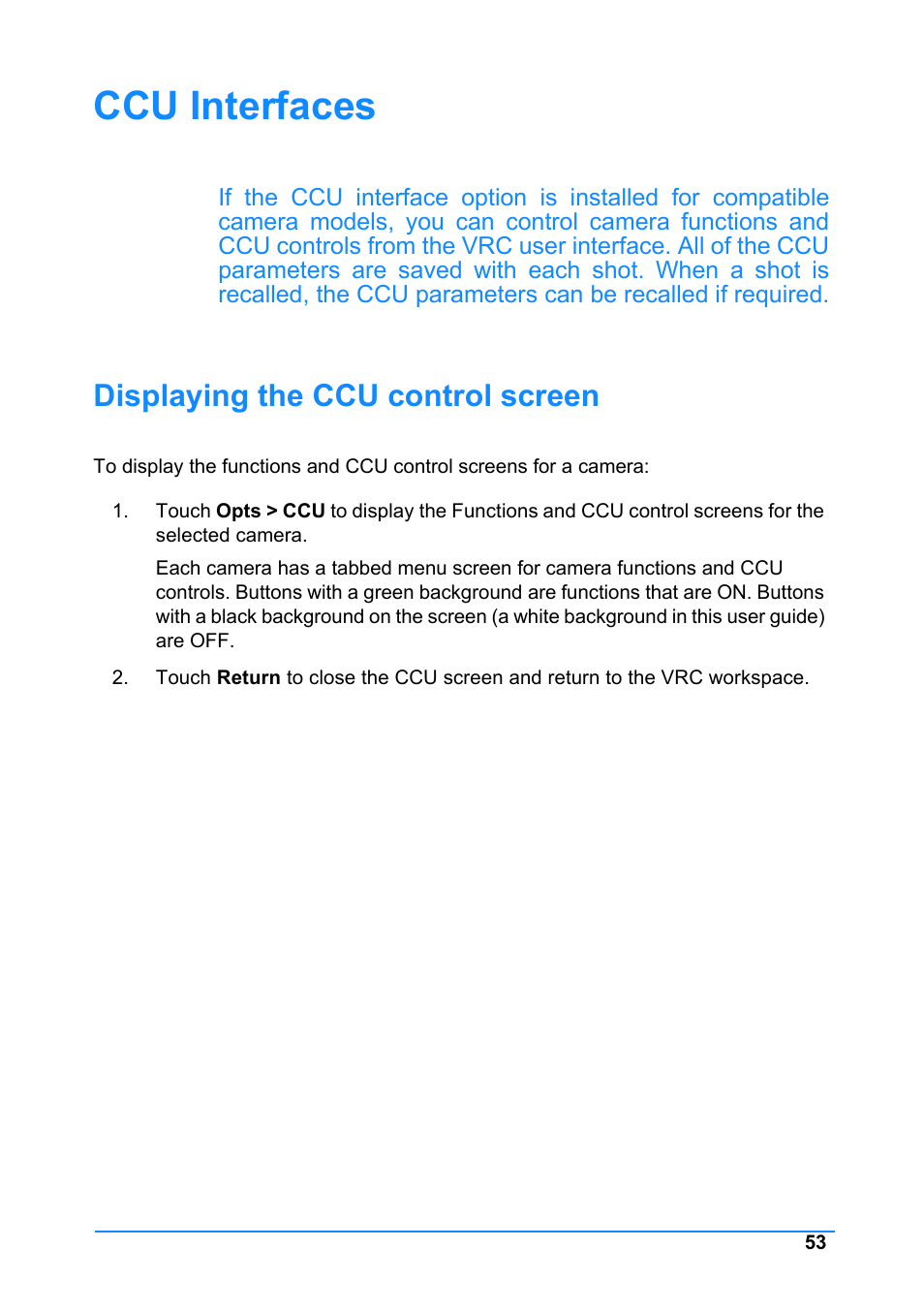 Ccu interfaces, Displaying the ccu control screen | Vinten Radamec Control (VRC) User Manual | Page 54 / 100