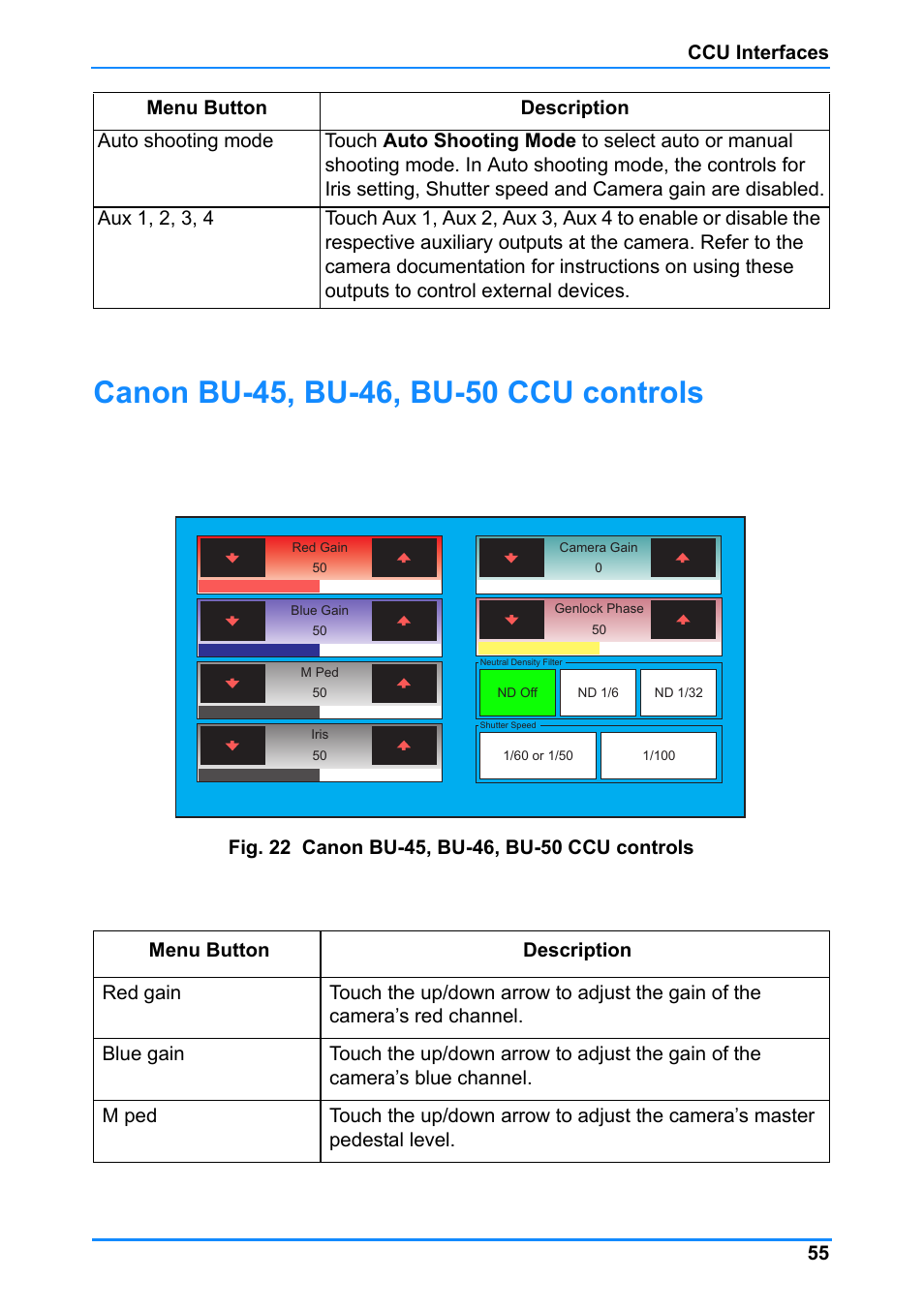 Canon bu-45, bu-46, bu-50 ccu controls, Ccu interfaces 55 | Vinten Radamec Control (VRC) User Manual | Page 56 / 100