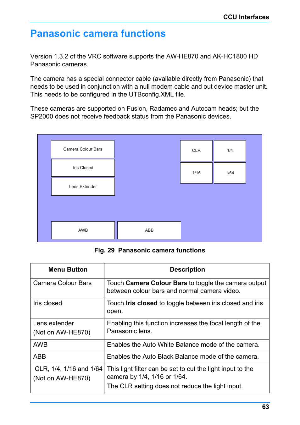 Panasonic camera functions | Vinten Radamec Control (VRC) User Manual | Page 64 / 100
