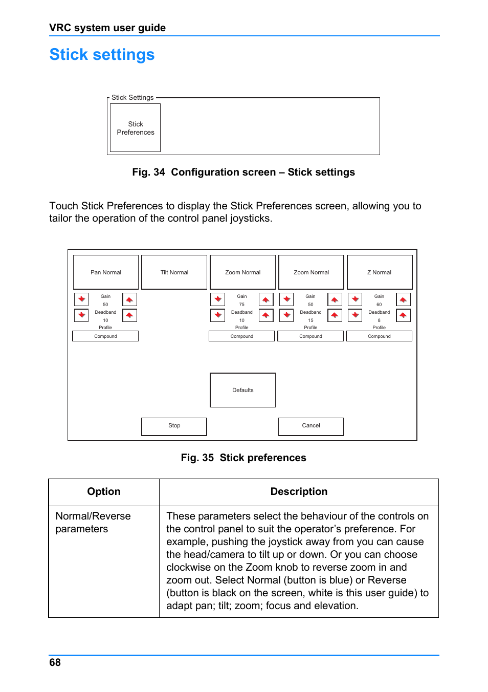 Stick settings, Vrc system user guide 68 | Vinten Radamec Control (VRC) User Manual | Page 69 / 100