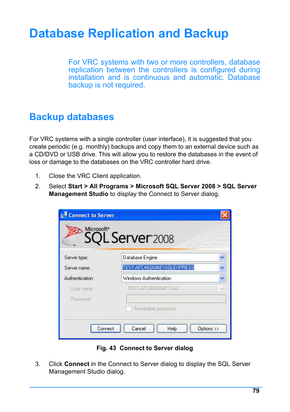 Database replication and backup, Backup databases | Vinten Radamec Control (VRC) User Manual | Page 80 / 100