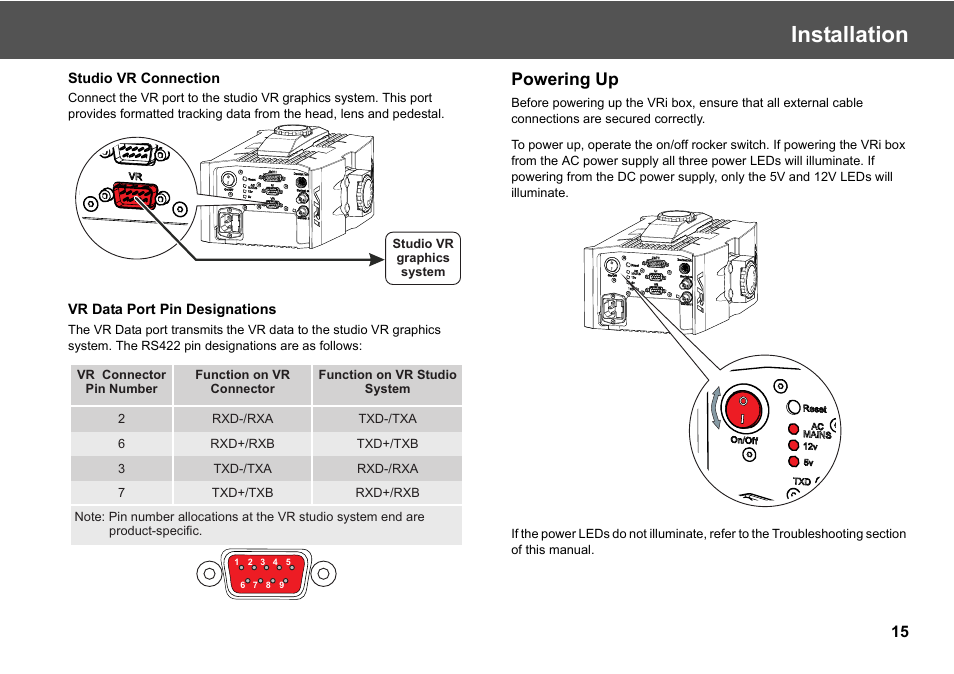 Powering up, Installation | Vinten Radamec Virtual Reality interface (VRi) User Manual | Page 17 / 24