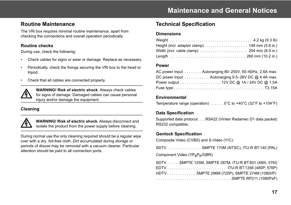 Maintenance and general notices, Routine maintenance technical specification, Routine maintenance | Technical specification | Vinten Radamec Virtual Reality interface (VRi) User Manual | Page 19 / 24
