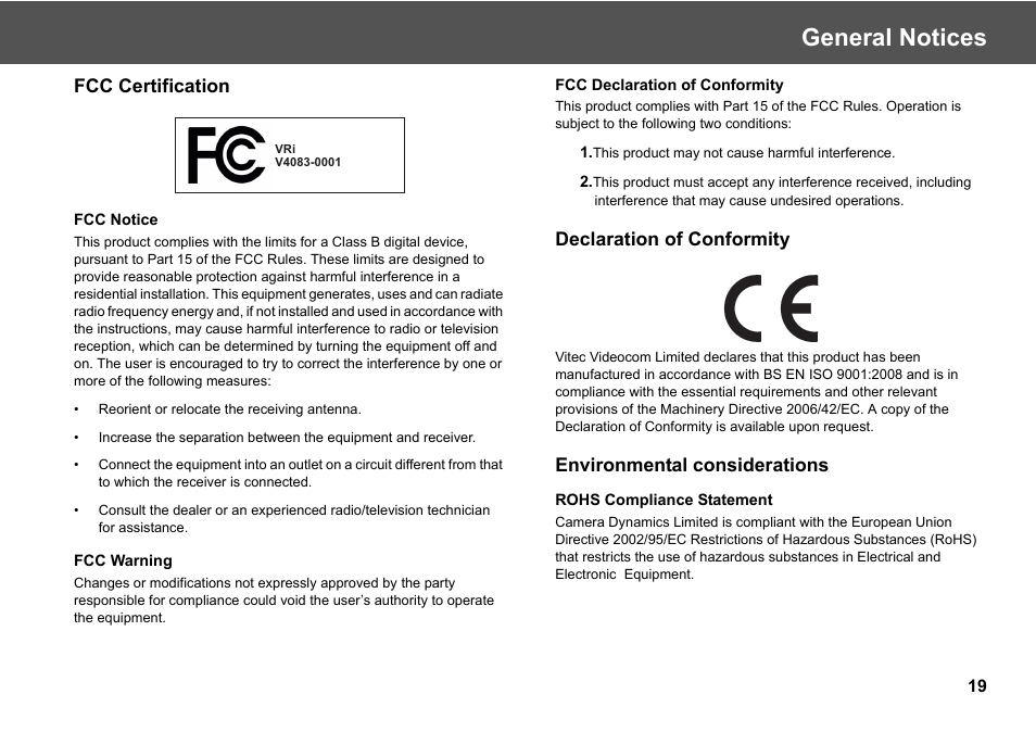 General notices, Fcc certification, Declaration of conformity | Environmental considerations | Vinten Radamec Virtual Reality interface (VRi) User Manual | Page 21 / 24