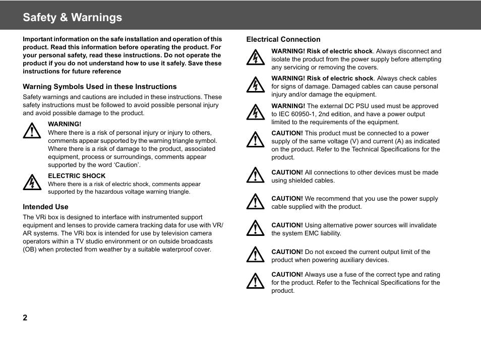 Safety & warnings | Vinten Radamec Virtual Reality interface (VRi) User Manual | Page 4 / 24