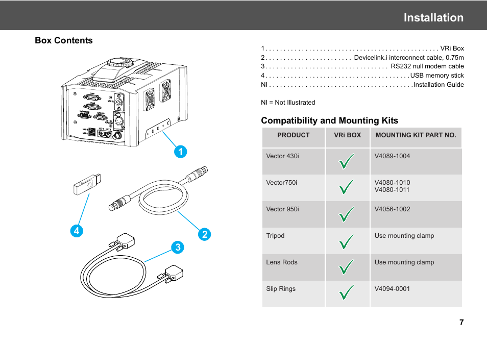 Installation, Box contents compatibility and mounting kits | Vinten Radamec Virtual Reality interface (VRi) User Manual | Page 9 / 24