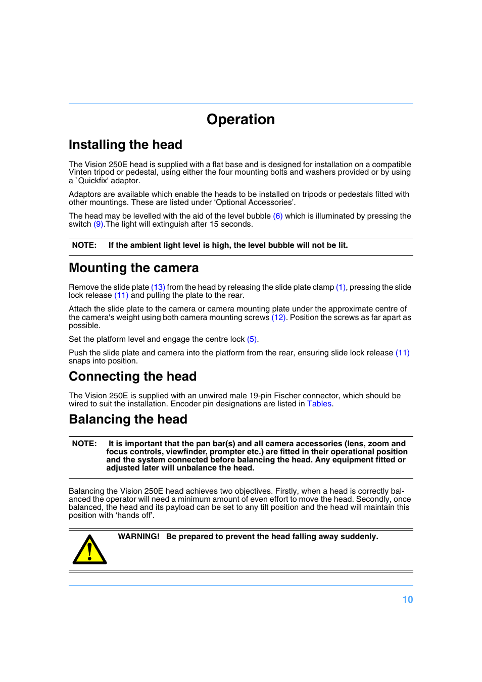 Operation, Installing the head, Mounting the camera | Connecting the head, Balancing the head | Vinten Radamec Vision 250E User Manual | Page 10 / 18