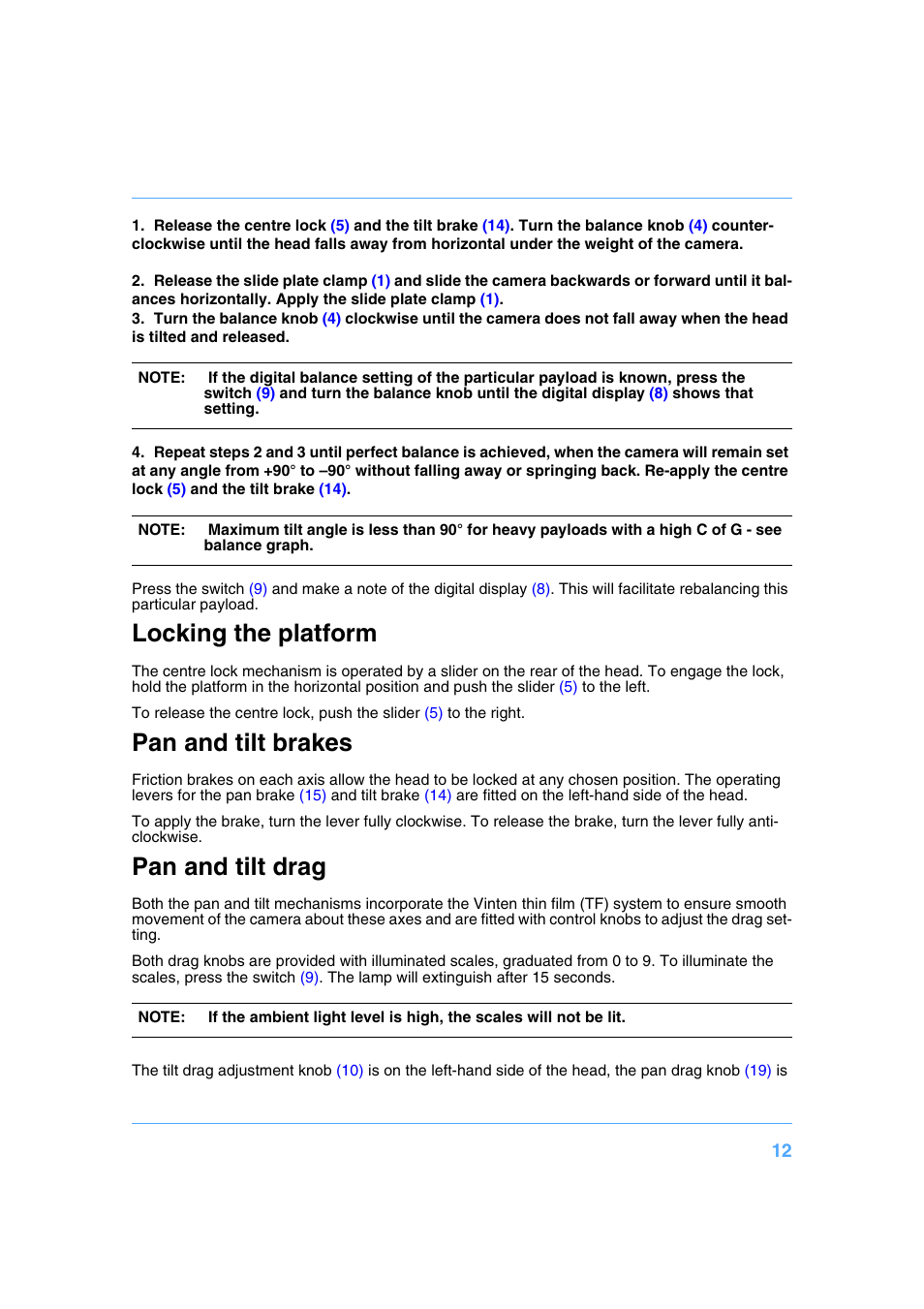 Locking the platform, Pan and tilt brakes, Pan and tilt drag | Vinten Radamec Vision 250E User Manual | Page 12 / 18