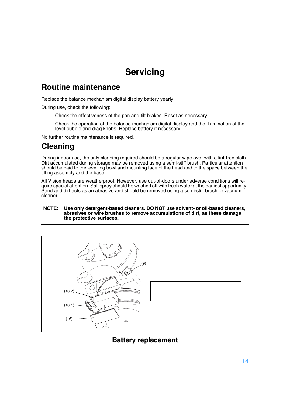 Servicing, Routine maintenance cleaning, Routine maintenance | Cleaning, Battery replacement | Vinten Radamec Vision 250E User Manual | Page 14 / 18