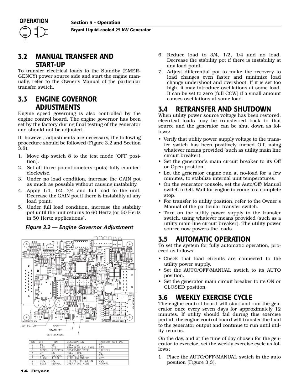 2 manual transfer and start-up, 3 engine governor adjustments, 4 retransfer and shutdown | 5 automatic operation, 6 weekly exercise cycle | Bryant Liquid-Cooled User Manual | Page 16 / 56
