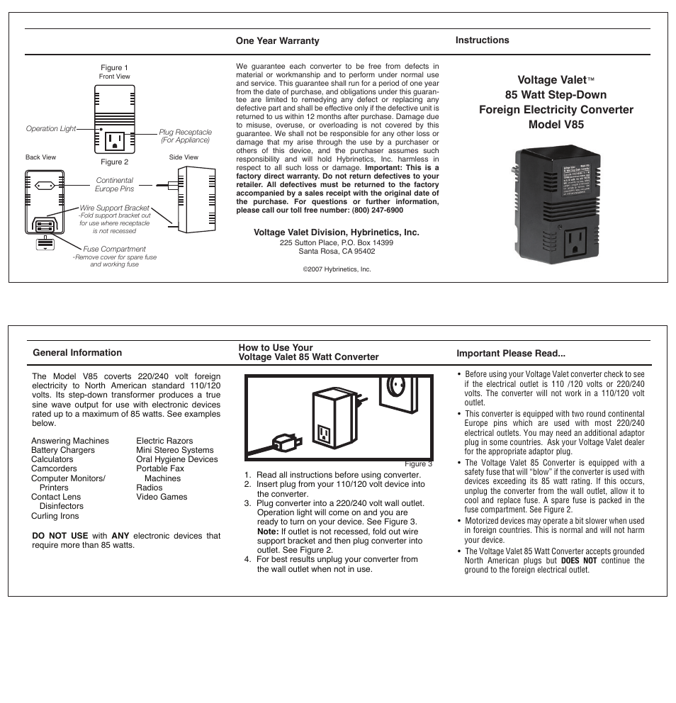 Voltage Valet V85 User Manual | 1 page