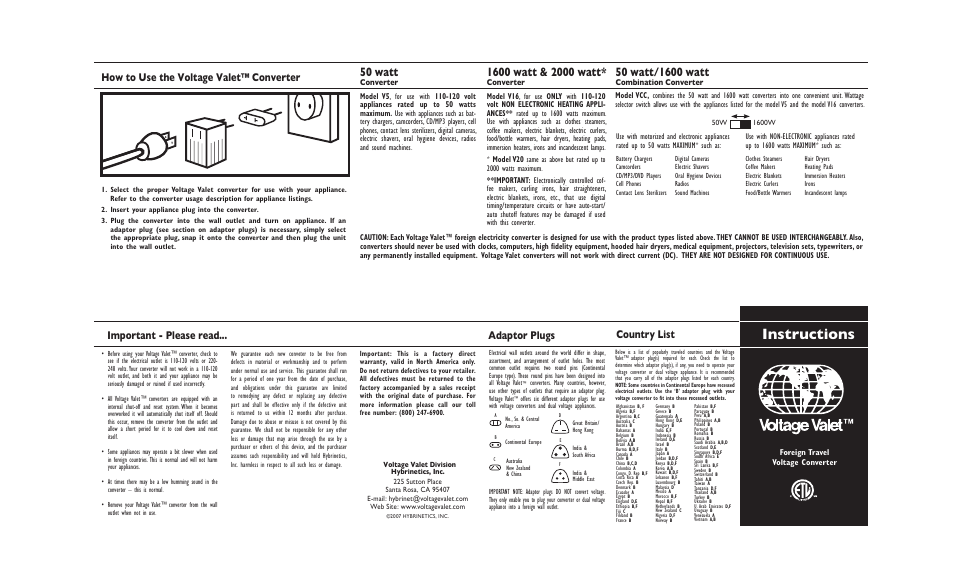 Voltage Valet VCCP User Manual | 1 page