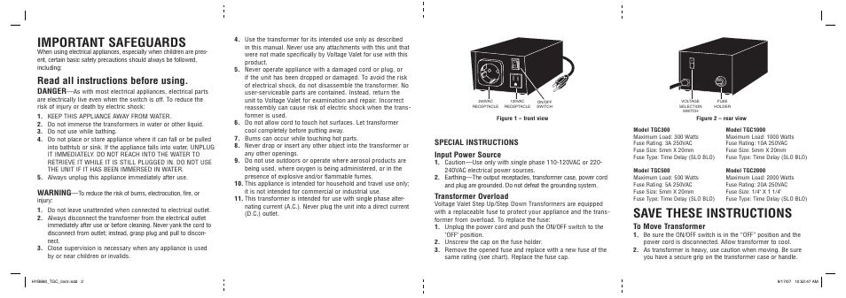 Important safeguards, Save these instructions, Read all instructions before using | Danger, Warning, Special instructions input power source, Transformer overload | Voltage Valet TGC2000 User Manual | Page 2 / 2